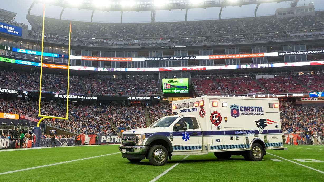 Philadelphia Eagles' Ja'Quinden Jackson is taken away in an ambulance after an injury against the New England Patriots during the first half of an NFL preseason football game, Saturday, Aug. 22, 2026, in Foxborough, Mass.