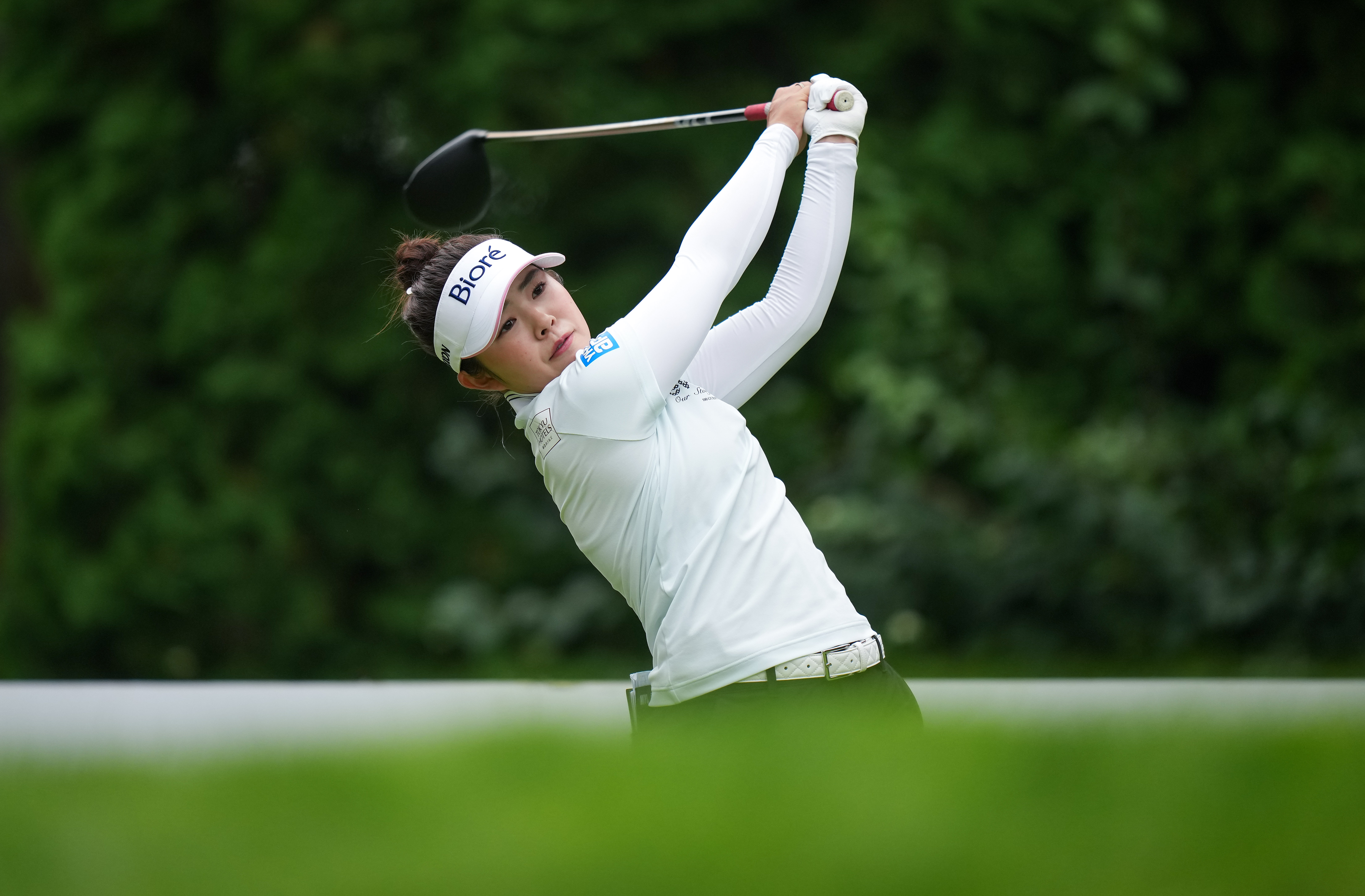 Miyu Yamashita, of Japan, hits her tee shot on the fourth hole during the third round at the LPGA Women's Open golf tournament, in Edmonton, Saturday, Aug. 22, 2026. 