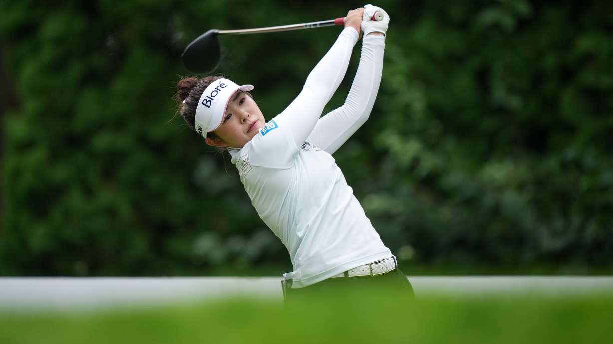 Miyu Yamashita, of Japan, hits her tee shot on the fourth hole during the third round at the LPGA Women's Open golf tournament, in Edmonton, Saturday, Aug. 22, 2026.