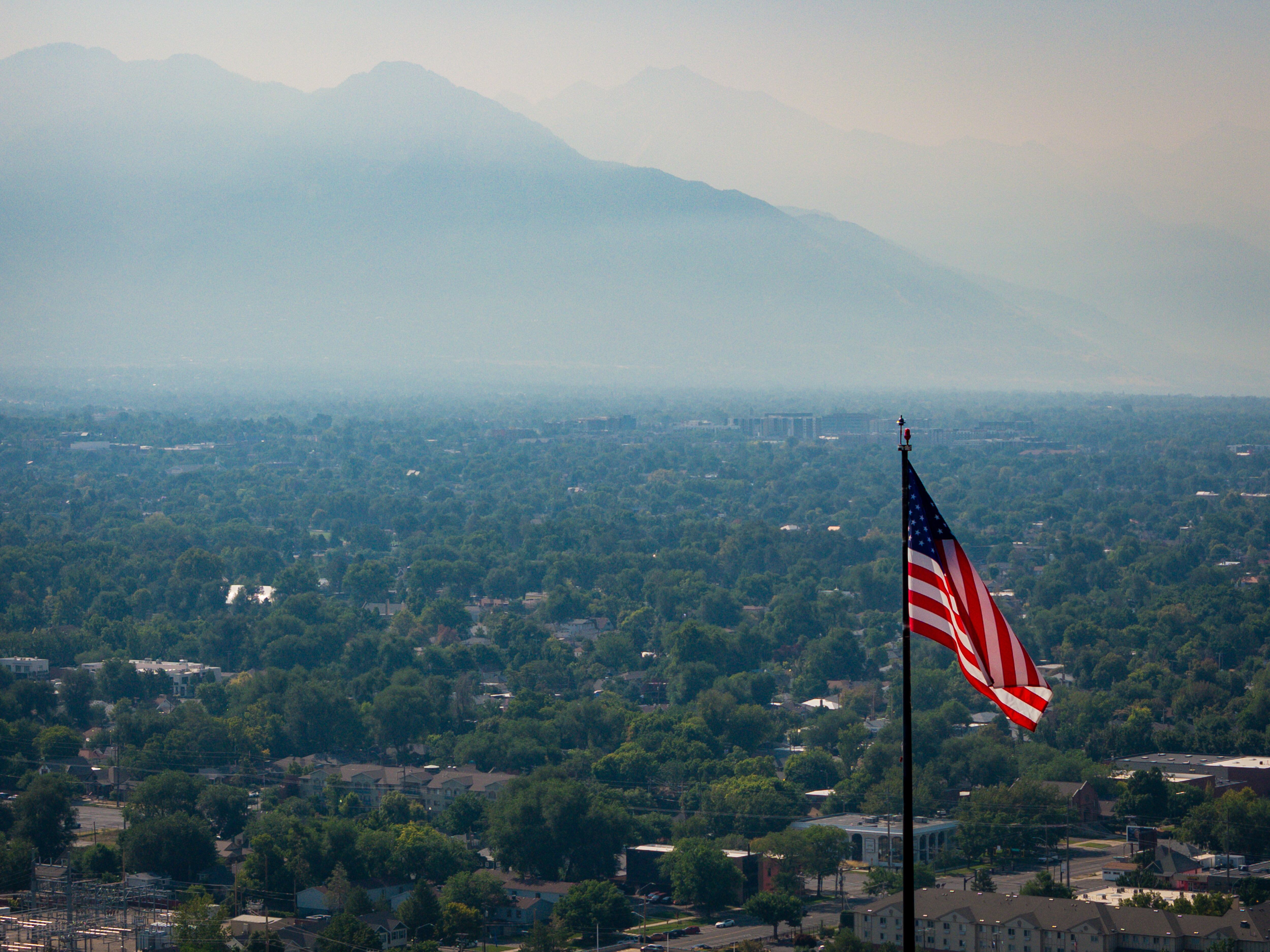Wildfire smoke has settled over Salt Lake City on Aug. 5. The PM2.5 concentration is currently 5.3 times the World Health Organization annual PM2.5 guideline value.
