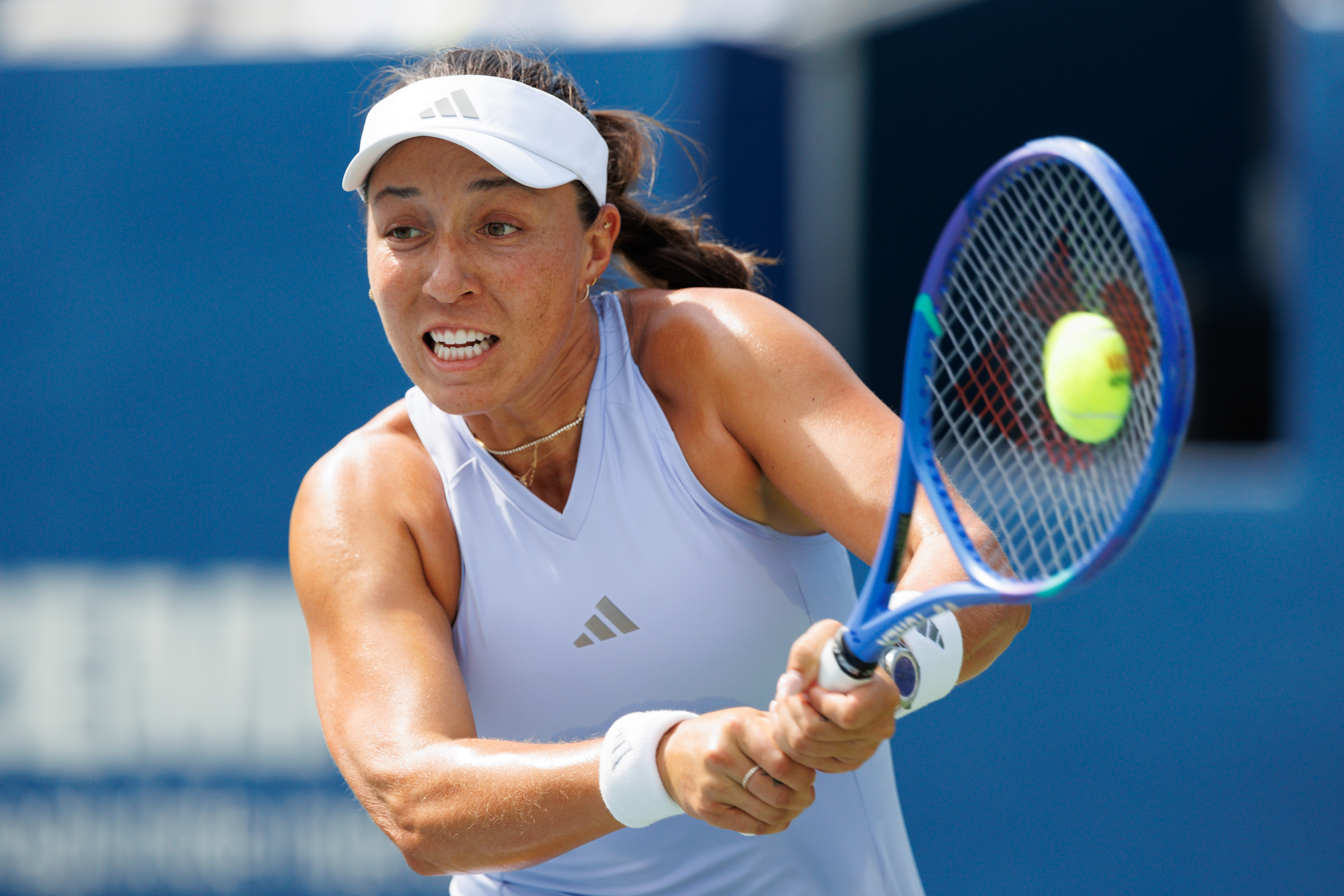 Jessica Pegula of the United States returns the ball from Diana Shnaider during the National Bank Open tennis tournament in Toronto, on Saturday, Aug. 8, 2026. 