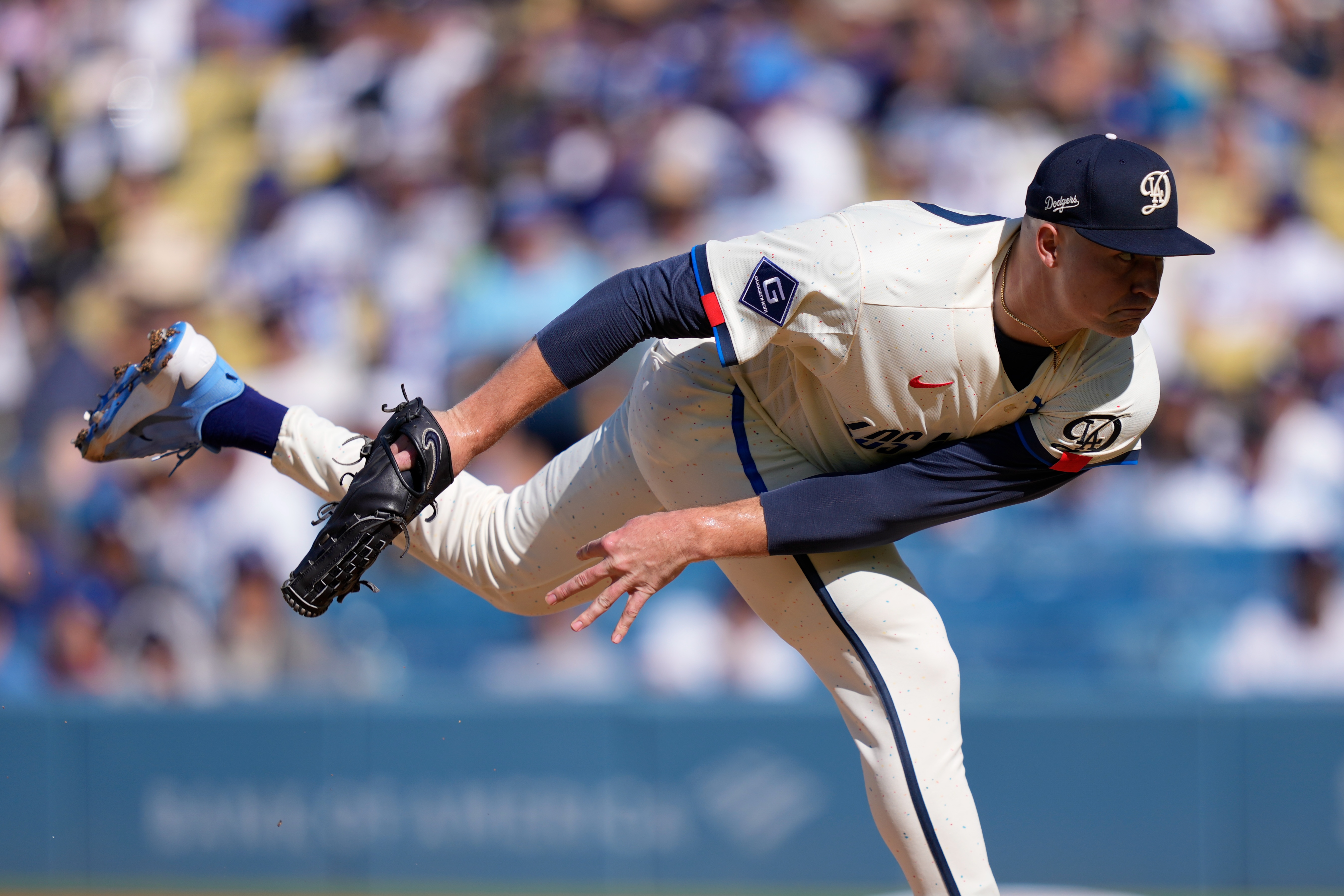 Los Angeles Dodgers starting pitcher Tarik Skubal throws to the plate during the first inning of a baseball game against the Pittsburgh Pirates, Saturday, Aug. 22, 2026, in Los Angeles. 