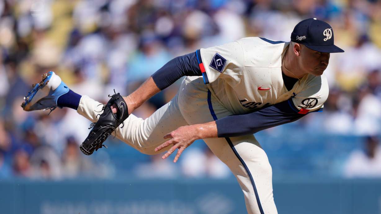 Los Angeles Dodgers starting pitcher Tarik Skubal throws to the plate during the first inning of a baseball game against the Pittsburgh Pirates, Saturday, Aug. 22, 2026, in Los Angeles.