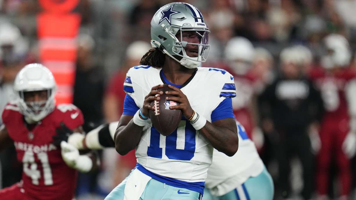 Dallas Cowboys quarterback Joe Milton III (10) drops back to pass in the first half of a preseason NFL football game against the Arizona Cardinals Saturday, Aug. 22, 2026, in Glendale, Ariz.