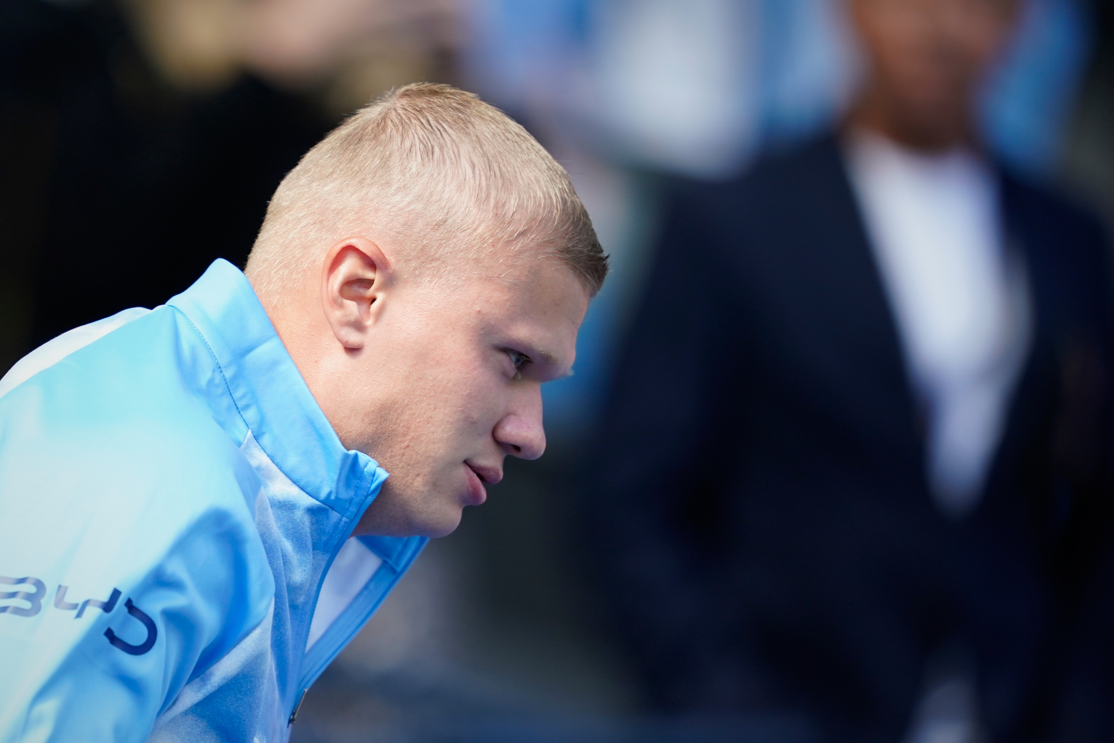 Manchester City's Erling Haaland warms up prior to the English Premier League soccer match between Manchester City and Bournemouth in Manchester, England, Sunday, Aug. 23, 2026. 