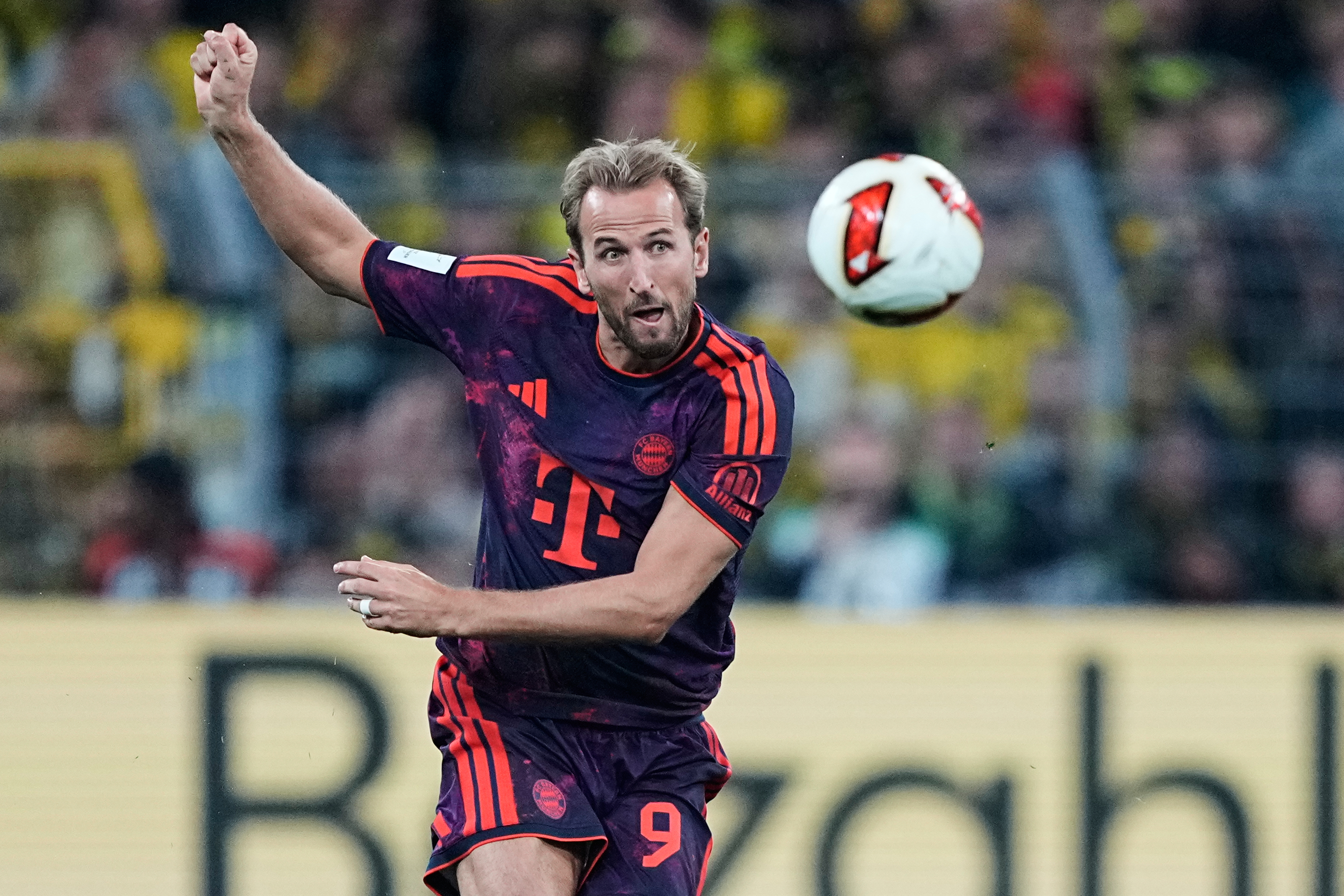 Bayern's Harry Kane kicks the ball during the Franz Beckenbauer German Supercup soccer match between Borussia Dortmund and Bayern Munich in Dortmund, Germany, Saturday, Aug. 22, 2026. 