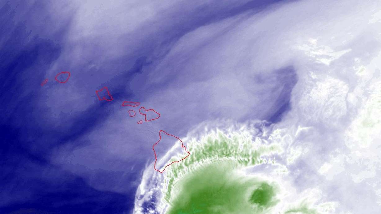 This NOAA satellite image taken Sunday shows the water vapor of Tropical Storm Moke as it advanced toward Hawaii's Big Island.