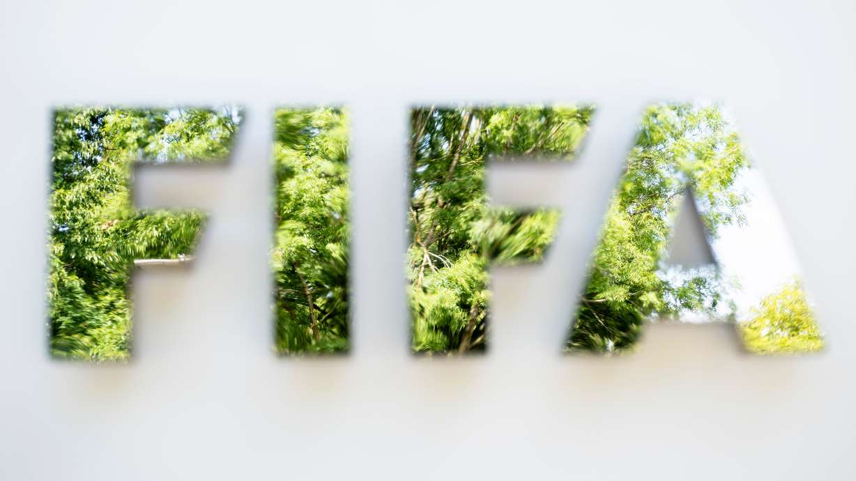 The FIFA logo is seen at the entrance of FIFA headquarters, in Zurich, Switzerland, Thursday, Aug. 6, 2026.
