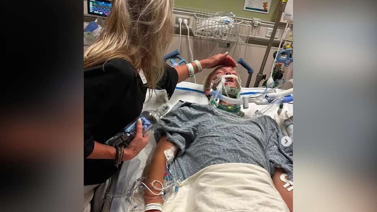 Gunnar and his mother, Marni, are pictured at Intermountain Health Primary Children's Hospital. A Utah teenager known for his love of lacrosse, family and service work is facing a long recovery after a beach accident left him with a broken neck.
