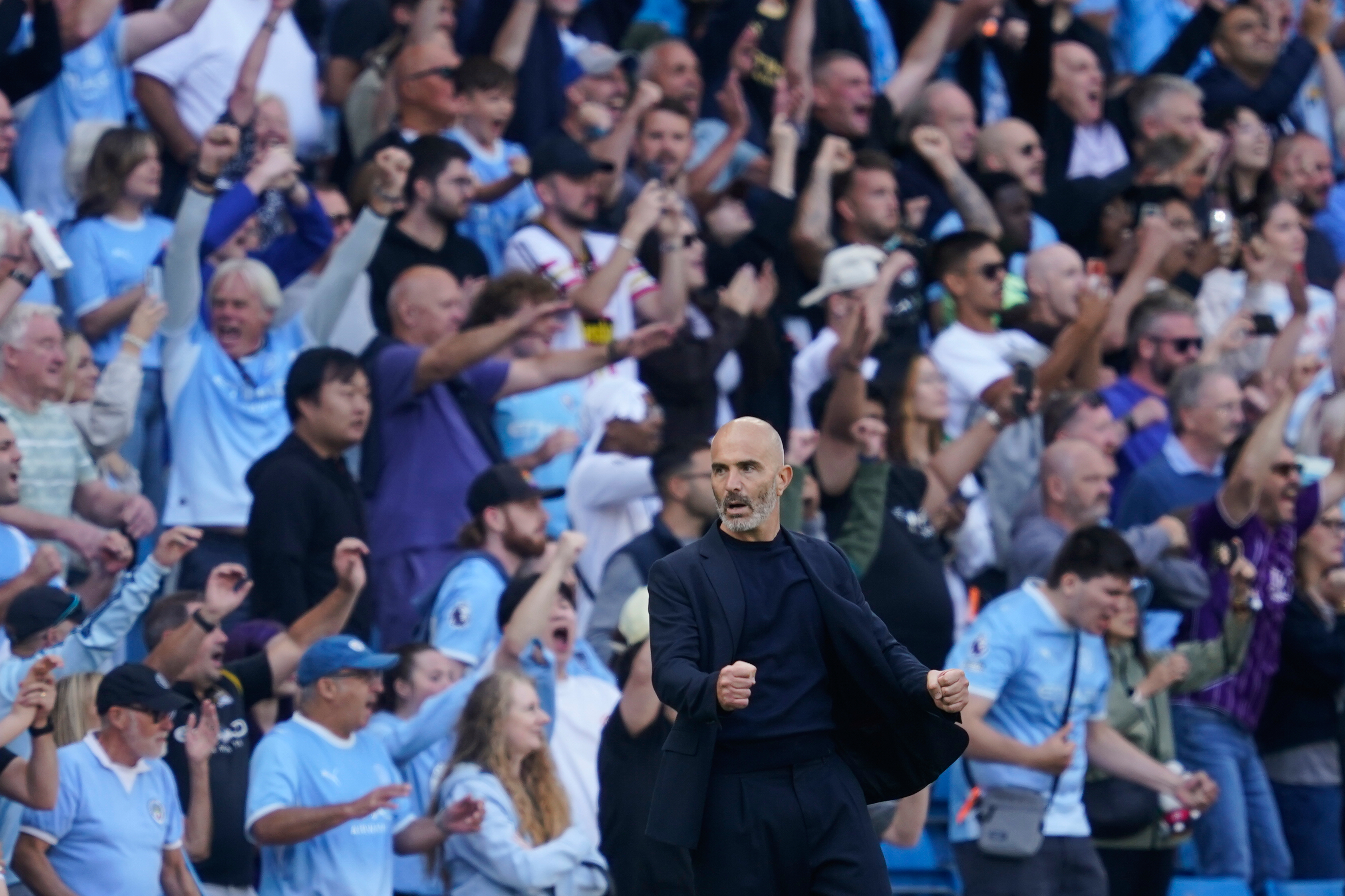 Manchester City's head coach Enzo Maresca reacts during the English Premier League soccer match between Manchester City and Bournemouth in Manchester, England, Sunday, Aug. 23, 2026. 