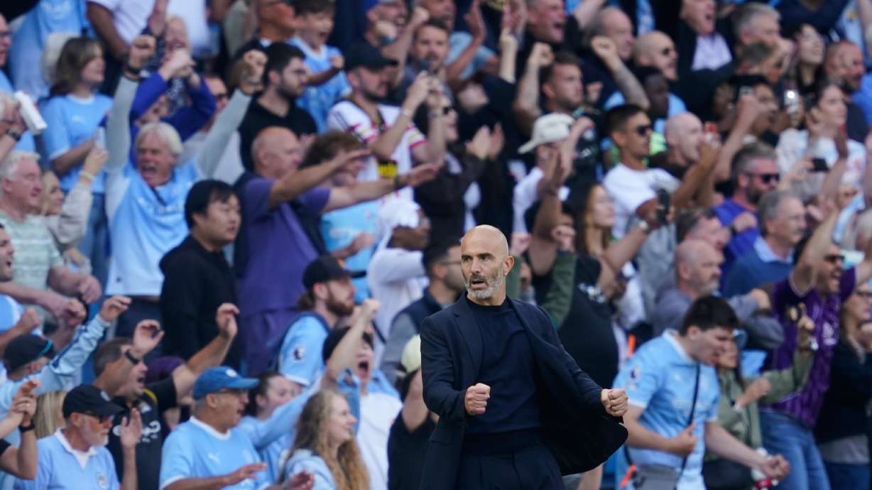 Manchester City's head coach Enzo Maresca reacts during the English Premier League soccer match between Manchester City and Bournemouth in Manchester, England, Sunday, Aug. 23, 2026.