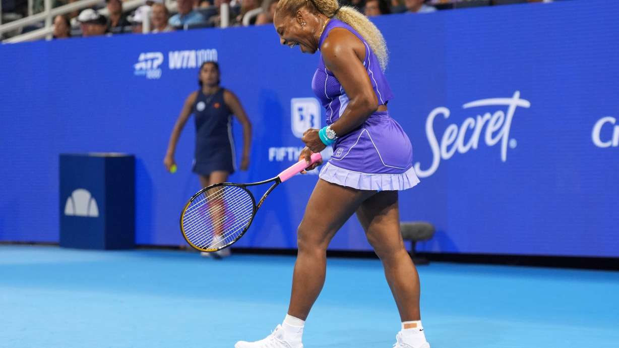 Serena Williams, of the United States, reacts to a winning point during a women's doubles match against Marta Kostyuk, of Ukraine, and Peyton Stearns, of the United States, at the Cincinnati Open tennis tournament, Monday, Aug. 17, 2026, in Mason, Ohio.