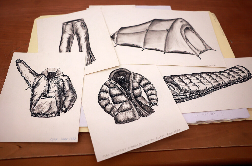 Sketches of Marmot gear and clothing are part of the Utah State University Outdoor Recreation Archive in the Merrill-Cazier Library in Logan on Thursday, Aug. 6, 2026. Laura Miera, former Marmot vice president, believes the sketches were done by designer Robyn Millett.