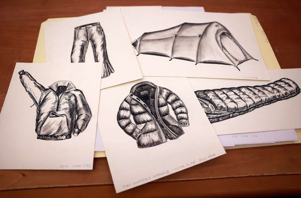 Sketches of Marmot gear and clothing are part of the Utah State University Outdoor Recreation Archive in the Merrill-Cazier Library in Logan on Thursday, Aug. 6, 2026. Laura Miera, former Marmot vice president, believes the sketches were done by designer Robyn Millett.