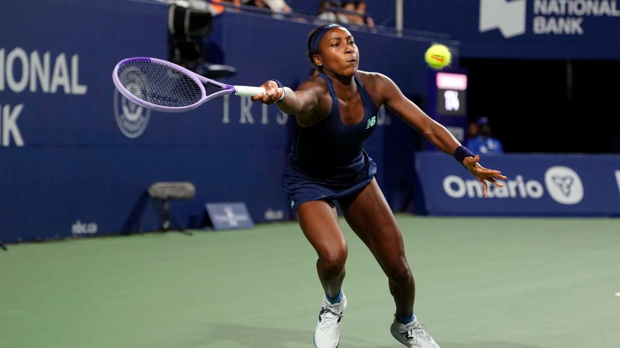 USA's Coco Gauff reaches for the ball against Kazakhstan's Elena Rybakina during a National Bank Open semi final tennis match in Toronto, Wednesday, August 12, 2026.