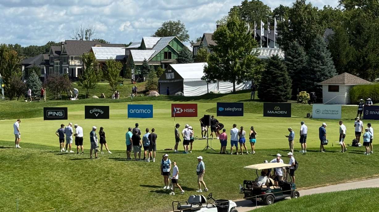LIV Golf fans gather at the practice putting green before the final round of the season-ending event in suburban Indianapolis, Ind., Sunday, Aug. 23, 2026.