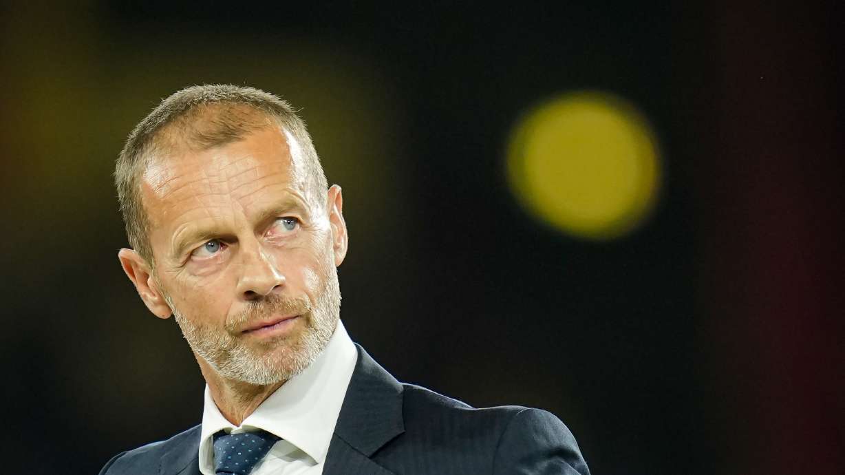 UEFA President Aleksander Ceferin looks on during the trophy ceremony at the end of the UEFA Super Cup soccer match between Paris Saint-Germain and Aston Villa in Salzburg, Austria, Wednesday, Aug.12, 2026.