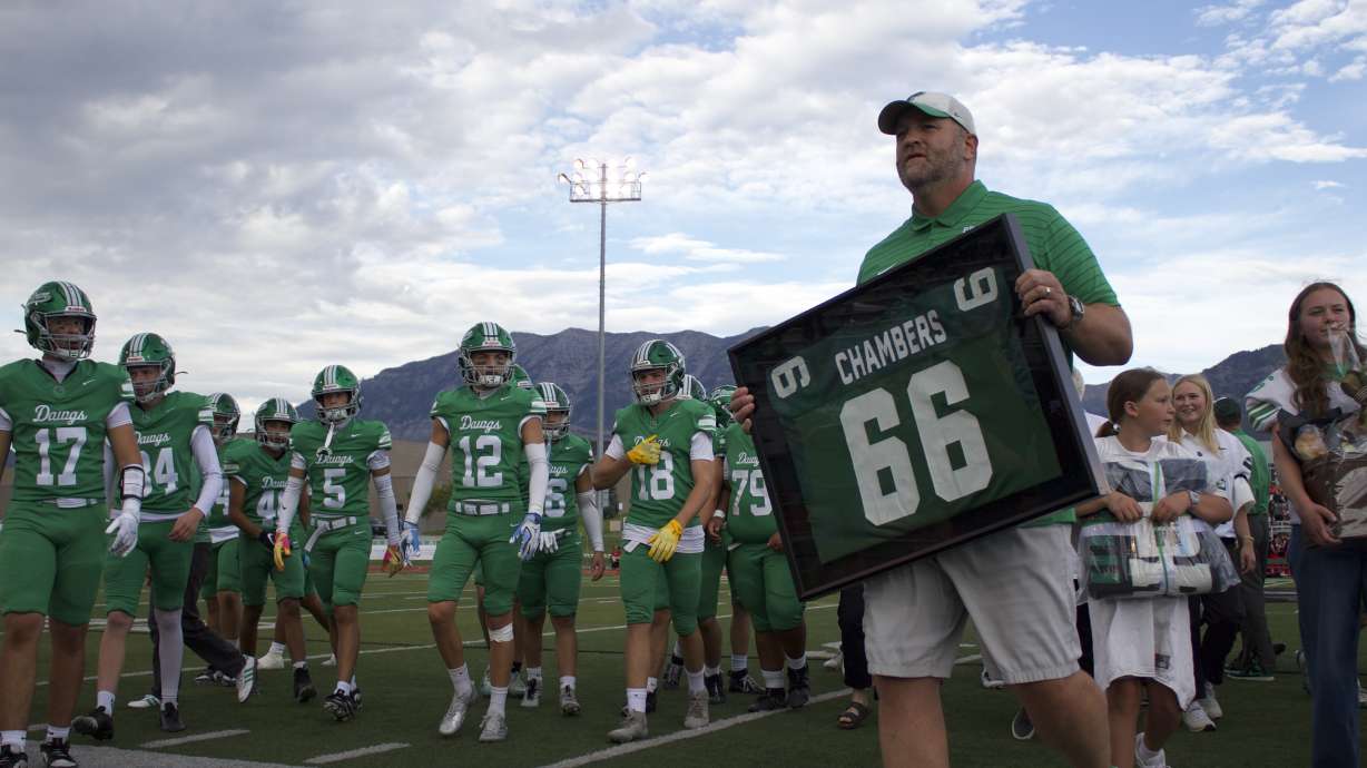 Provo High retired former NFL offensive lineman Kirk Chambers' No. 66 jersey prior to the Bulldogs' Week 2 4A high school football game against Crimson Cliffs, Friday, Aug. 21, 2026 in Provo, Utah.