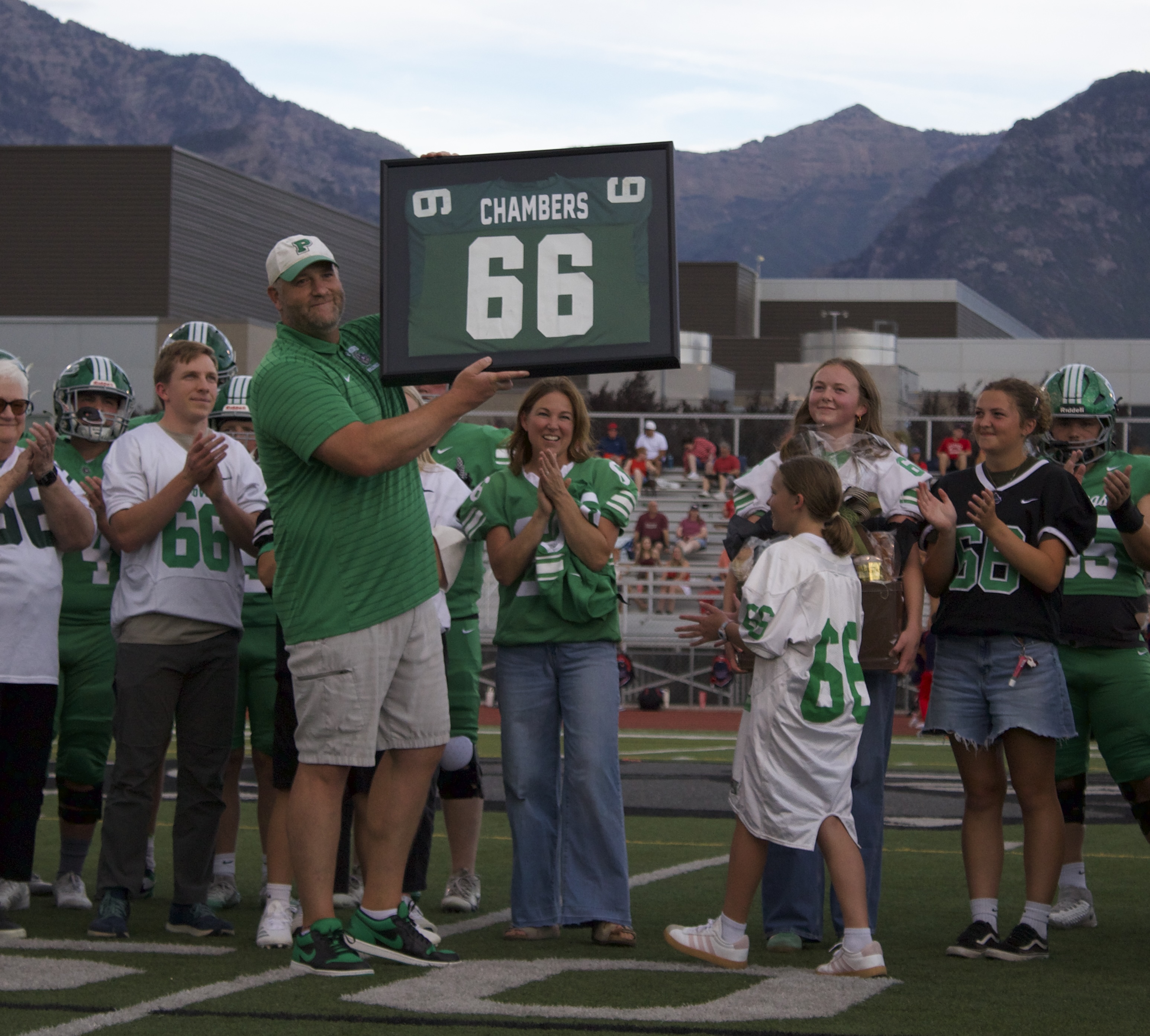 Provo High retired former NFL offensive lineman Kirk Chambers' No. 66 jersey prior to the Bulldogs' Week 2 4A high school football game against Crimson Cliffs, Friday, Aug. 21, 2026 in Provo, Utah.