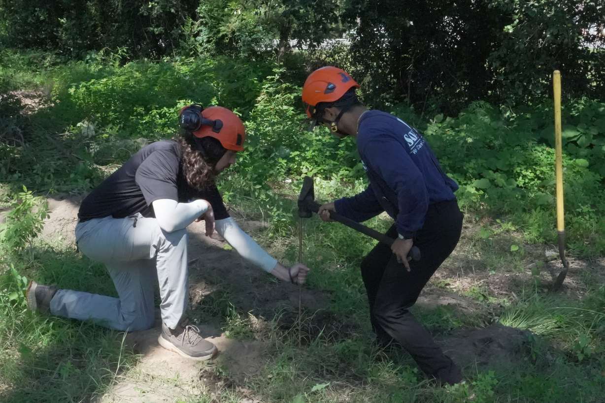 Jake Love, left, and Bryce Whitney of SavATree pound a copper lightning rod into the ground beside a Revolutionary War "witness tree" at the Battle of Eutaw Springs, S.C., historic site on Aug. 12.