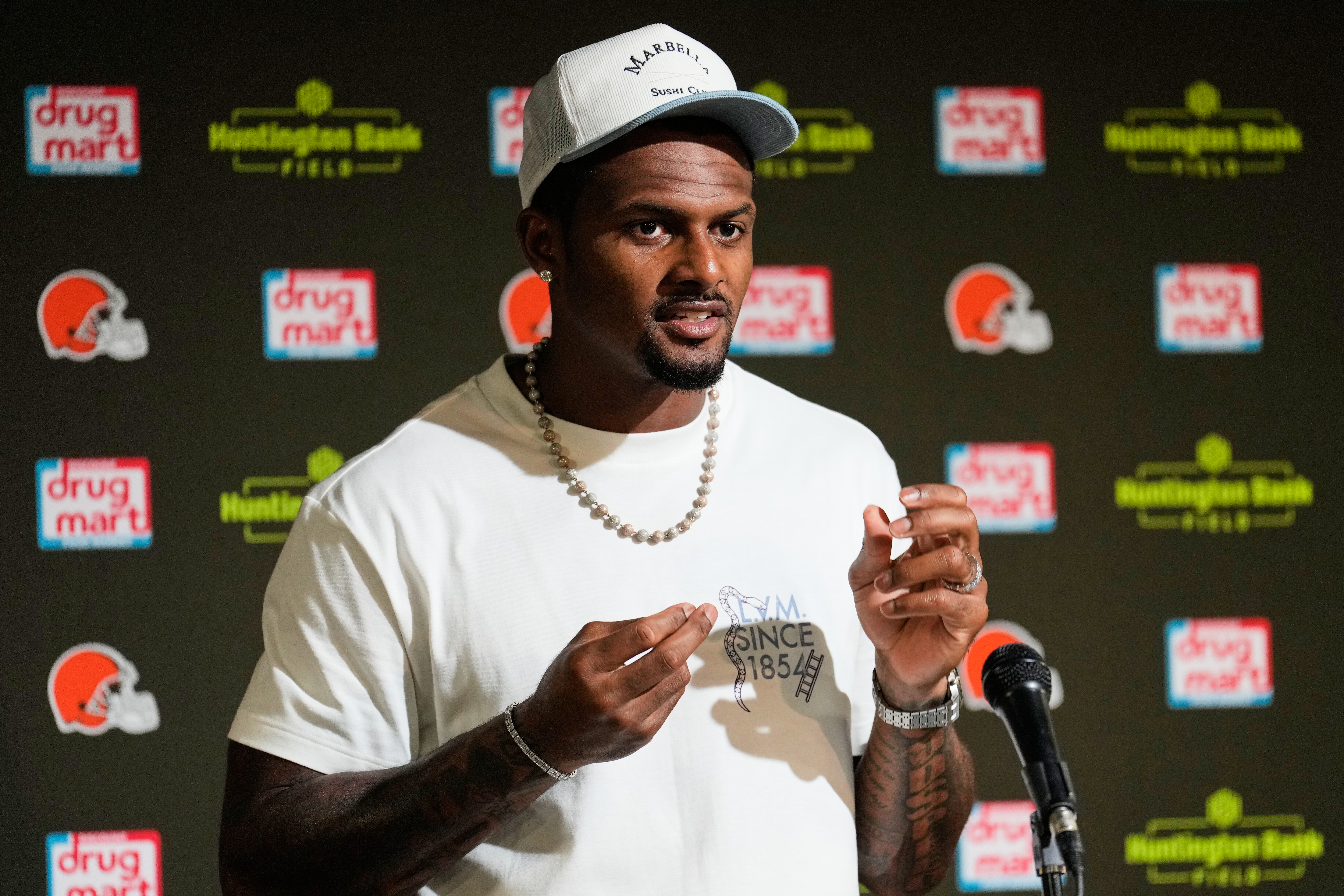 Cleveland Browns quarterback Deshaun Watson speaks at a press conference after an NFL preseason football game against the Buffalo Bills, Saturday, Aug. 22, 2026, in Cleveland. 