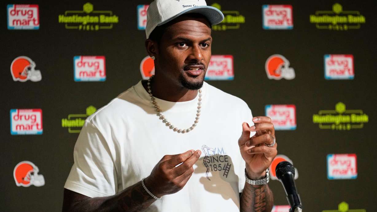 Cleveland Browns quarterback Deshaun Watson speaks at a press conference after an NFL preseason football game against the Buffalo Bills, Saturday, Aug. 22, 2026, in Cleveland.