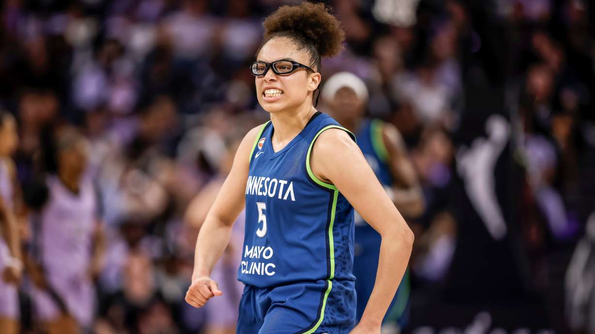 Olivia Miles (5) reacts after hitting a 3-point basket in the second half as the Golden State Valkyries played the Minnesota Lynx at Chase Center in San Francisco on Wednesday, Aug. 19, 2026.