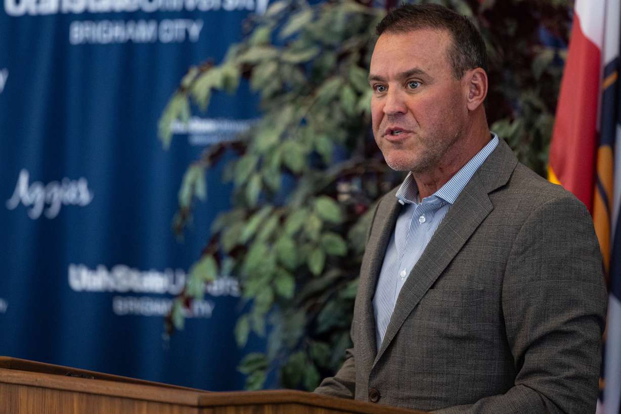 Utah House Speaker Mike Schultz speaks during a press conference to announce the agreement between Hi Tech Solutions, Utah State University and Brigham City for a proposed nuclear training and research campus held at Utah State University's Brigham City campus on Monday.