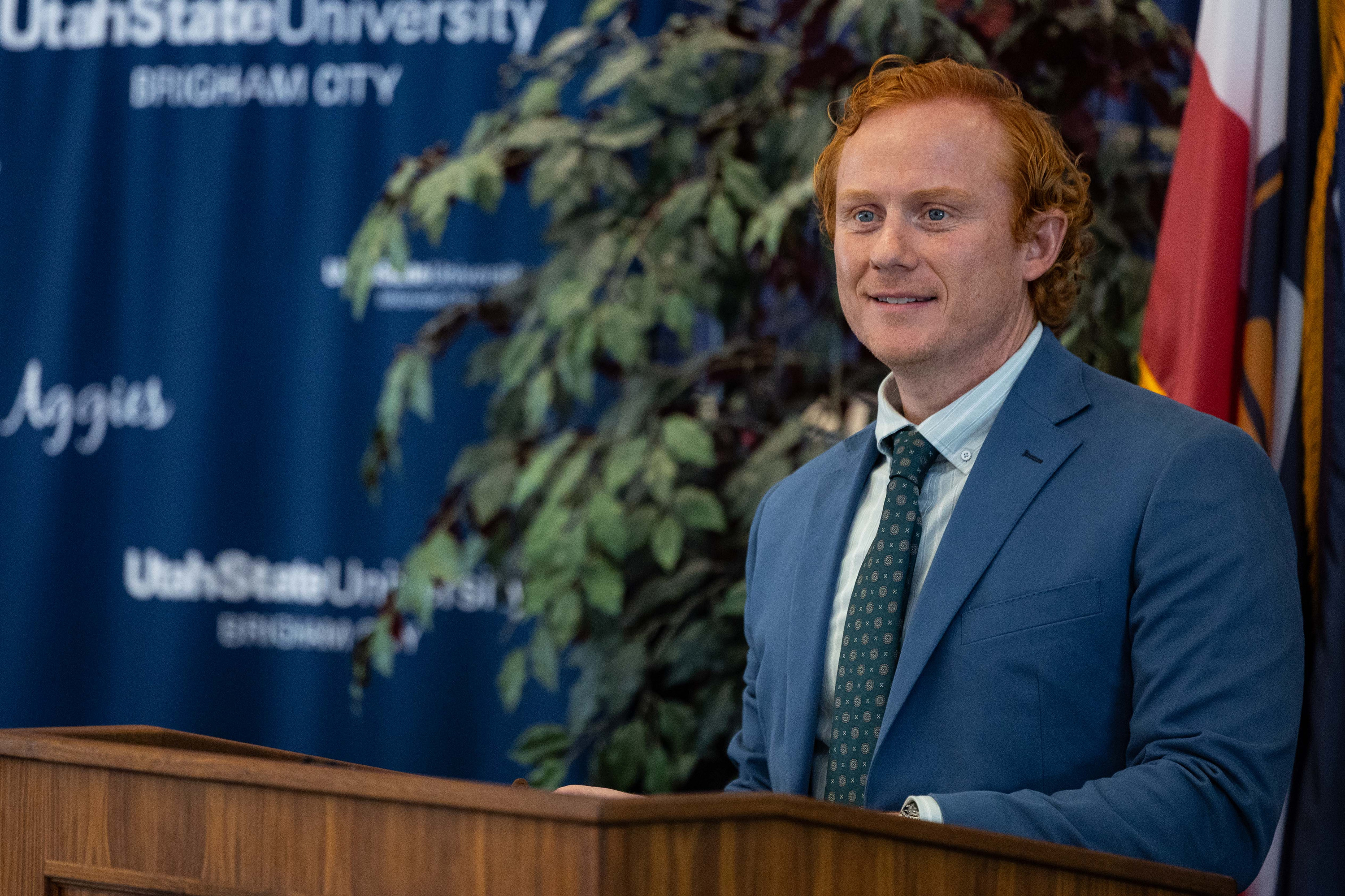 Hi Tech Solutions President and COO Chris Hayter speaks during a press conference to announce the agreement between Hi Tech Solutions, Utah State University and Brigham City for a proposed nuclear training and research campus held at Utah State University's Brigham City campus on Monday.