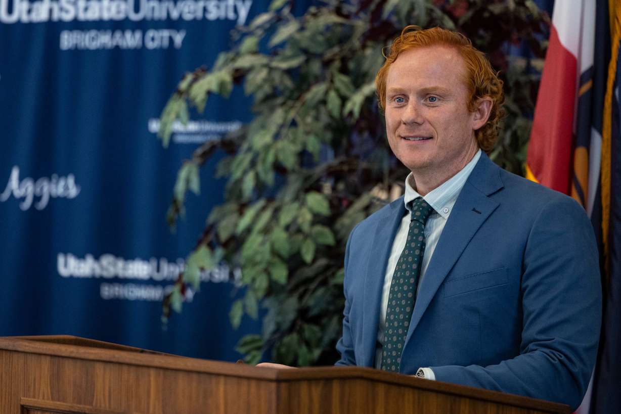 Hi Tech Solutions President and COO Chris Hayter speaks during a press conference to announce the agreement between Hi Tech Solutions, Utah State University and Brigham City for a proposed nuclear training and research campus held at Utah State University's Brigham City campus on Monday.