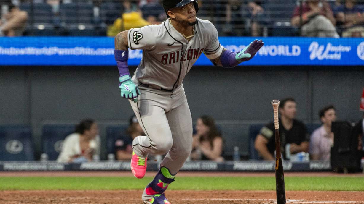 Arizona Diamondbacks' Ketel Marte watches his double off Cleveland Guardians starting pitcher Parker Messick during the fourth inning of a baseball game, Saturday, Aug. 1, 2026, in Cleveland.