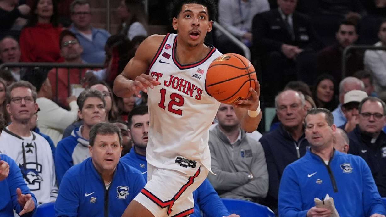 FILE - St. John's RJ Luis Jr. looks toward the basket during the first half of an NCAA college basketball game against Creighton in the championship of the Big East Conference tournament, March 15, 2025, in New York.