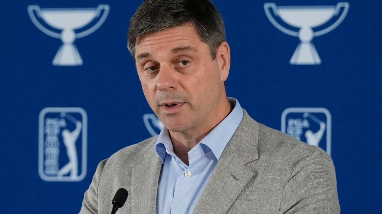 FILE - PGA Tour CEO Brian Rolapp speaks before a practice round of the Tour Championship golf tournament, Wednesday, Aug. 20, 2025, in Atlanta.