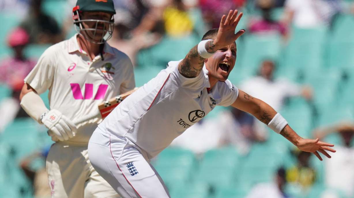 FILE - England's Brydon Carse appeals unsuccessfully for the wicket of Australia's Travis Head during play on the last day of the fifth and final Ashes cricket test between England and Australia in Sydney, Thursday, Jan. 8, 2026.