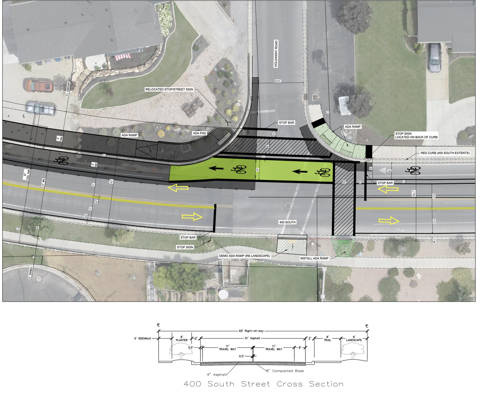 A proposal for road improvements along 400 South in Vineyard that utilizes a double cycle track on the north side of the road.