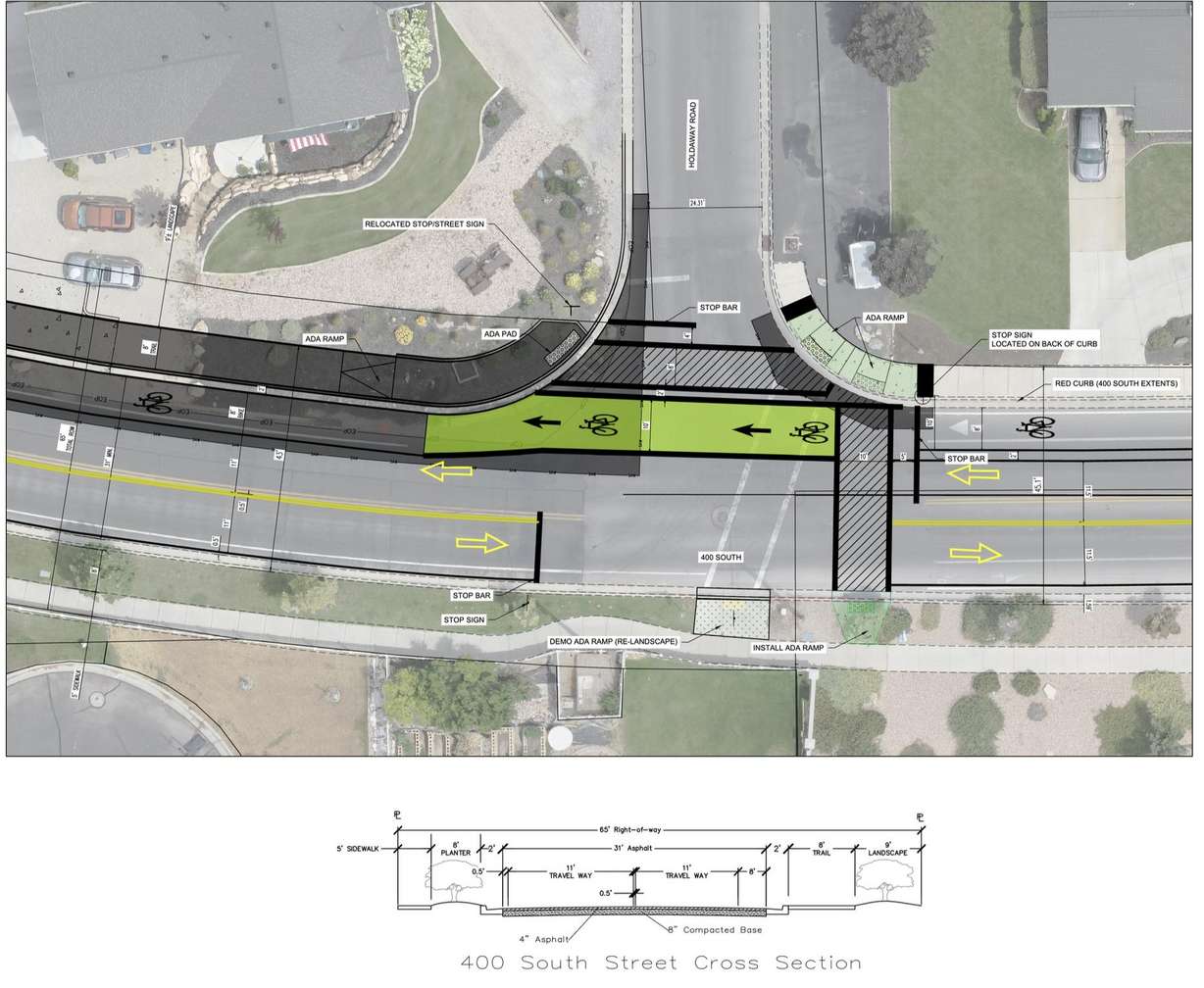 A proposal for road improvements along 400 South in Vineyard that utilizes a double cycle track on the north side of the road.