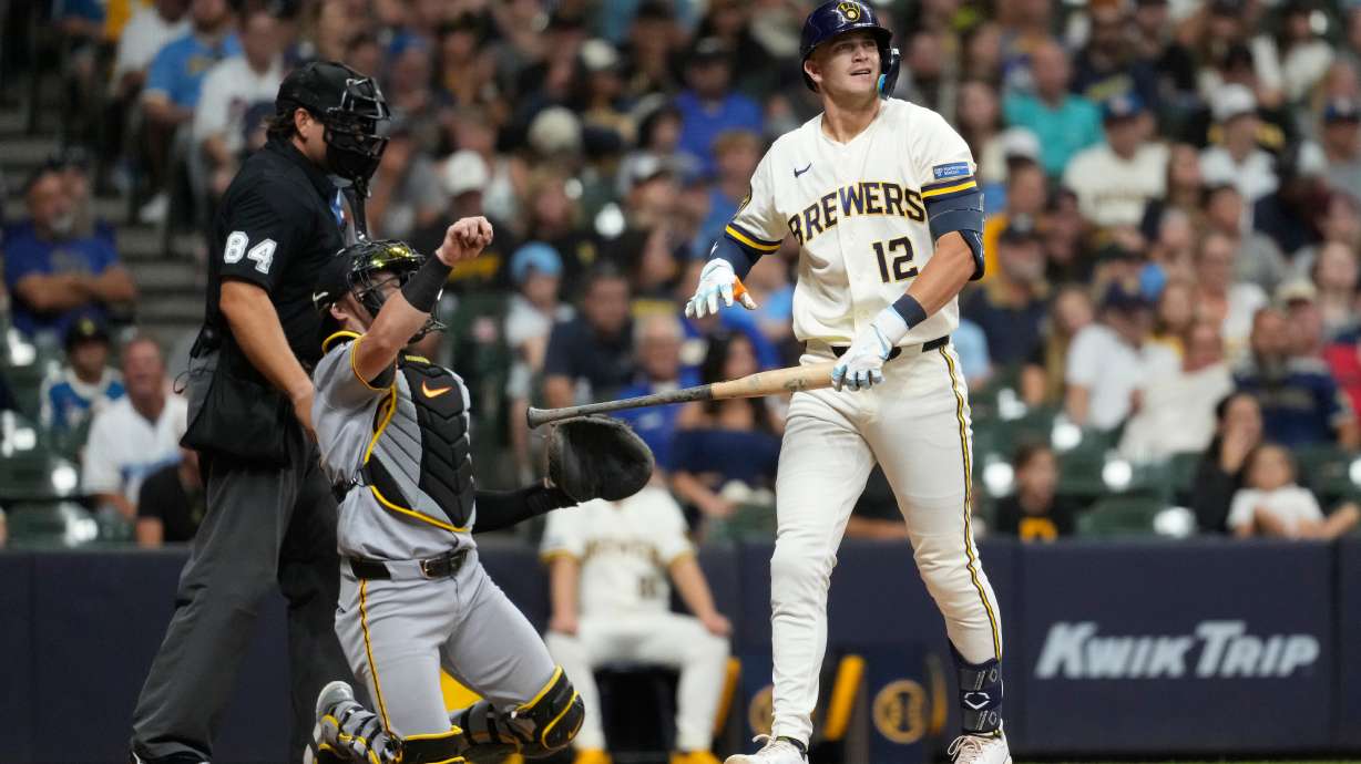Milwaukee Brewers' Cooper Pratt (12) reacts after striking out during the ninth inning of a baseball game against the Pittsburgh Pirates, Monday, Aug. 3, 2026, in Milwaukee.