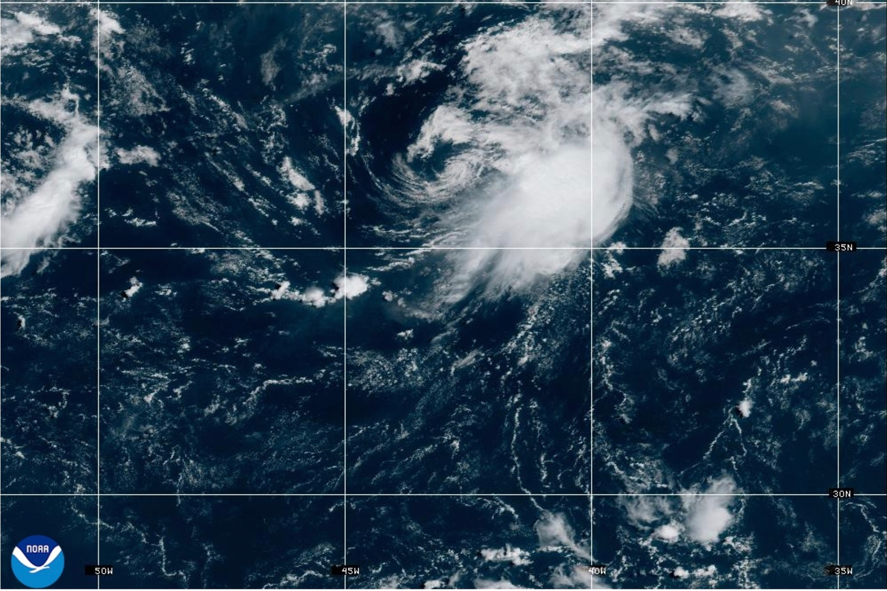 This NOAA satellite image taken at 11:21 a.m. EST on Wednesday, Aug. 12, 2026, shows Tropical Storm Cristobal in the Atlantic Ocean. 
