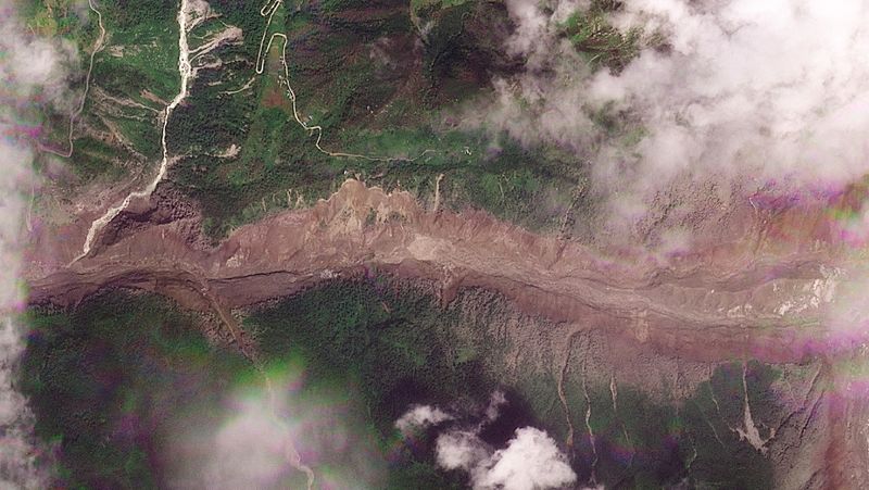 A satellite image shows the valleys near the Nepal-China border on Wednesday, after the devastating floods.