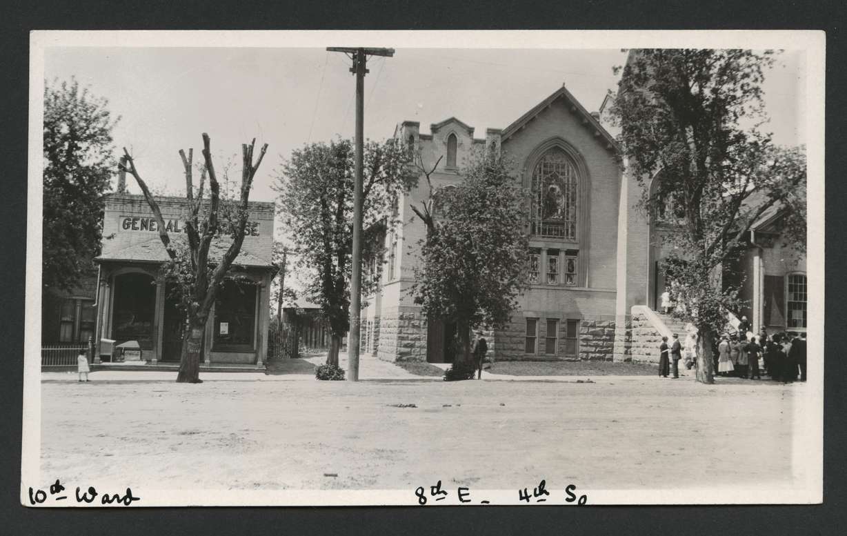 A photo taken around 1915 of the Tenth Ward Square in what was then the Liberty Stake of The Church of Jesus Christ of Latter-day Saints.