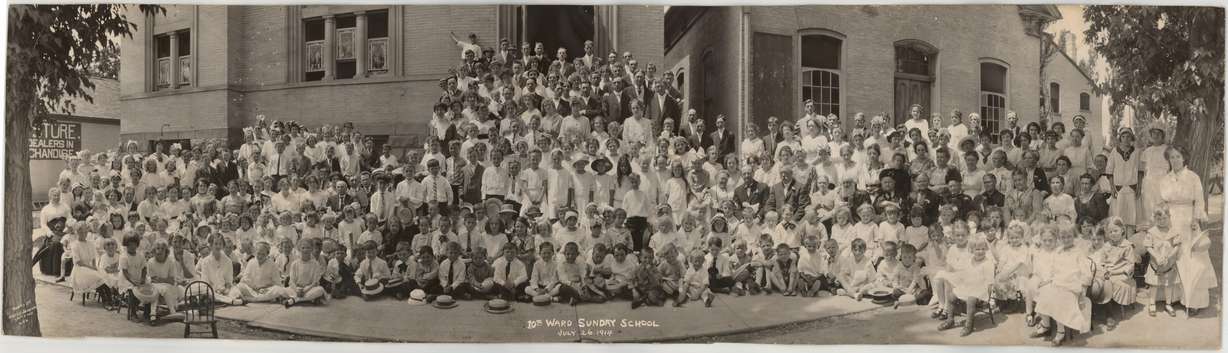 Salt Lake City's 10th Ward members, primarily children, in front of a meetinghouse in Salt Lake City, on July 26, 1914.