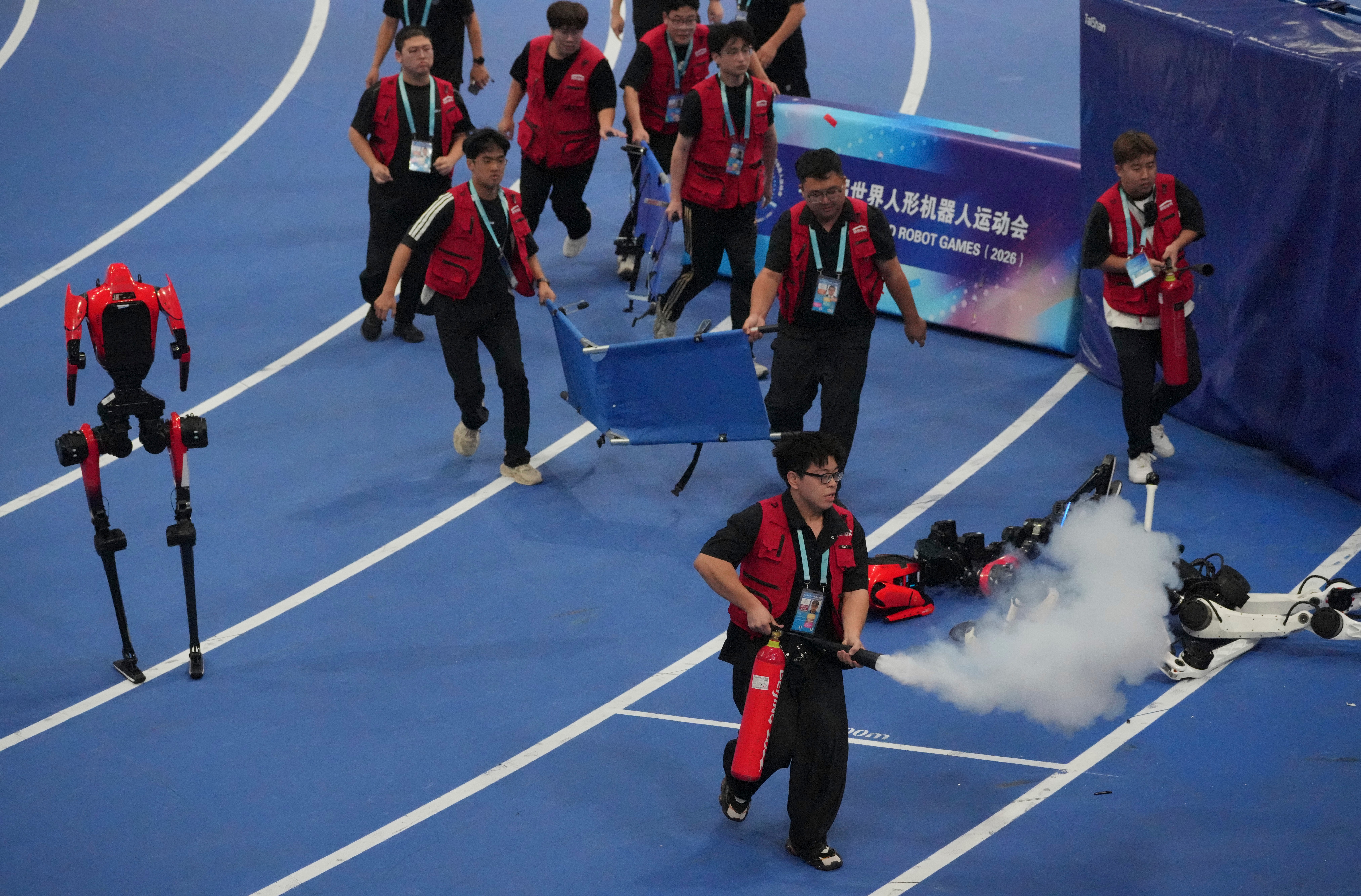 A robot sprinter shatters a 100-meter record again as sparks fly at China's robot competition