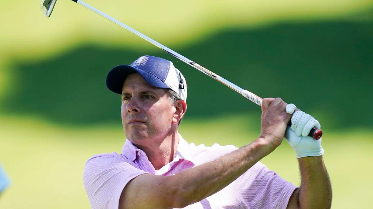 FILE - Matt Gogel watches his shot off the second tee during the first round of the PGA Tour Champions Principal Charity Classic golf tournament, Friday, June 3, 2022, in Des Moines, Iowa.