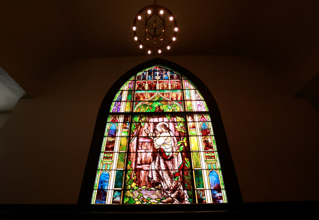 A stained glass window in The Church of Jesus Christ of Latter-day Saints Tenth Ward Square chapel in Salt Lake City on Tuesday.