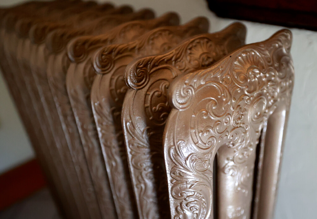 An original radiator in The Church of Jesus Christ of Latter-day Saints Tenth Ward Square, built in 1909, in Salt Lake City on Aug. 25.