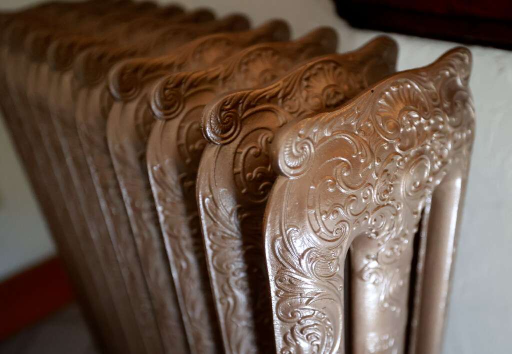 An original radiator in The Church of Jesus Christ of Latter-day Saints Tenth Ward Square, built in 1909, in Salt Lake City on Aug. 25.