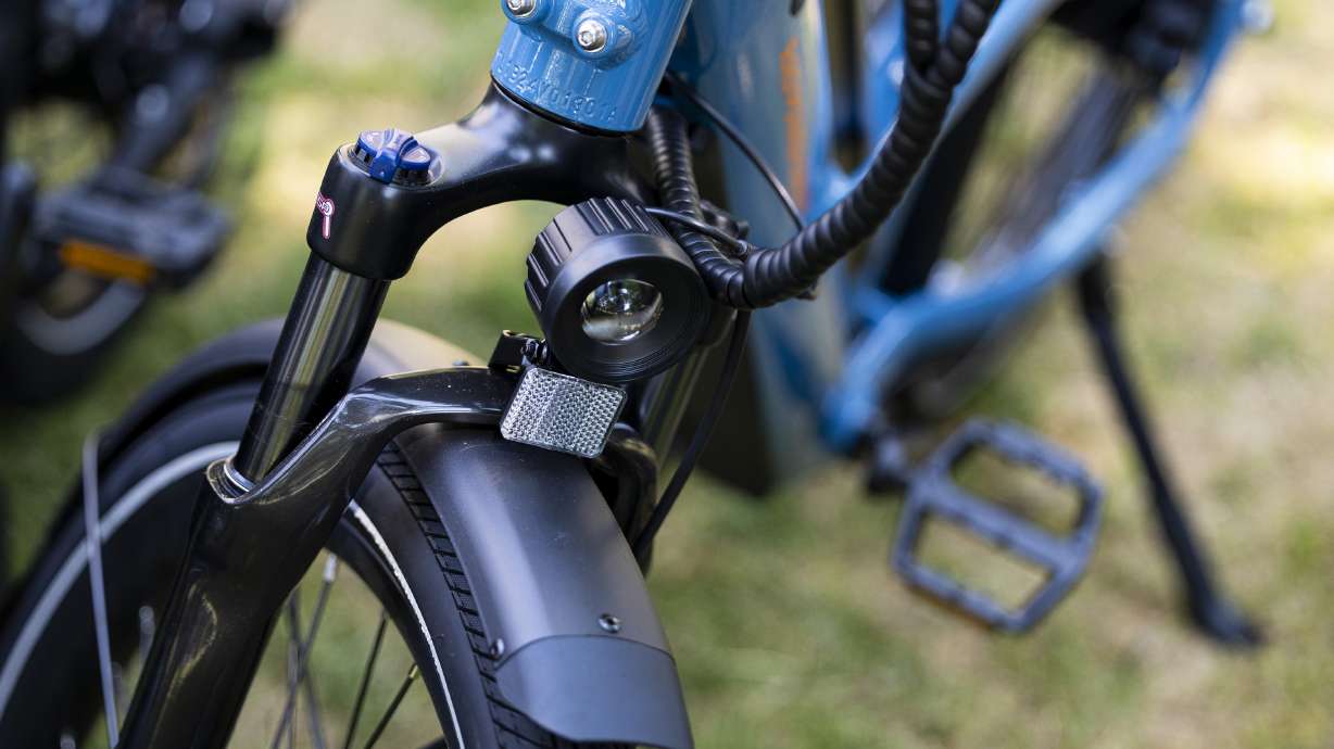 E-bikes are displayed during an event at Washington Square Park in Salt Lake City on Tuesday, July 9, 2024.