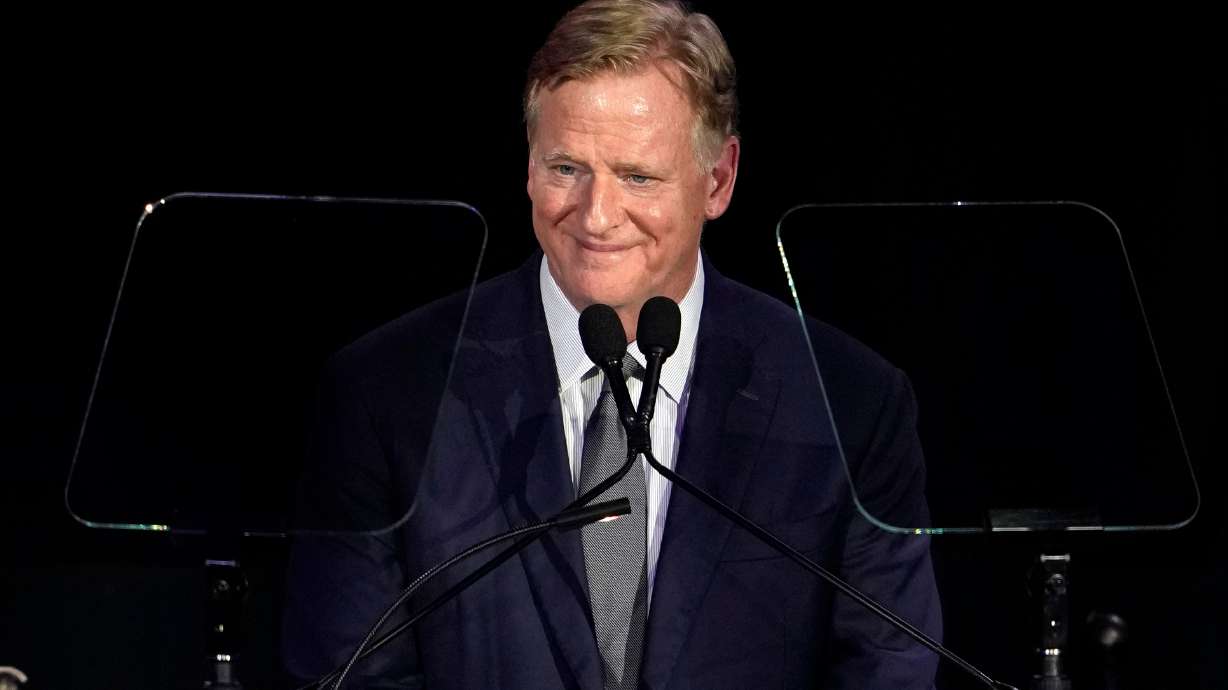 National Football League commissioner Roger Goodell speaks during the Pro Football Hall of Fame gold jacket dinner in Canton, Ohio, Friday, Aug. 7, 2026.