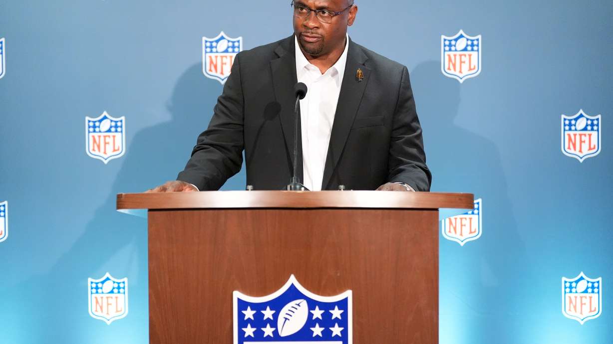 Troy Vincent speaks during a news conference at an NFL football owners meeting on Wednesday, Aug. 26, 2026, in Atlanta.