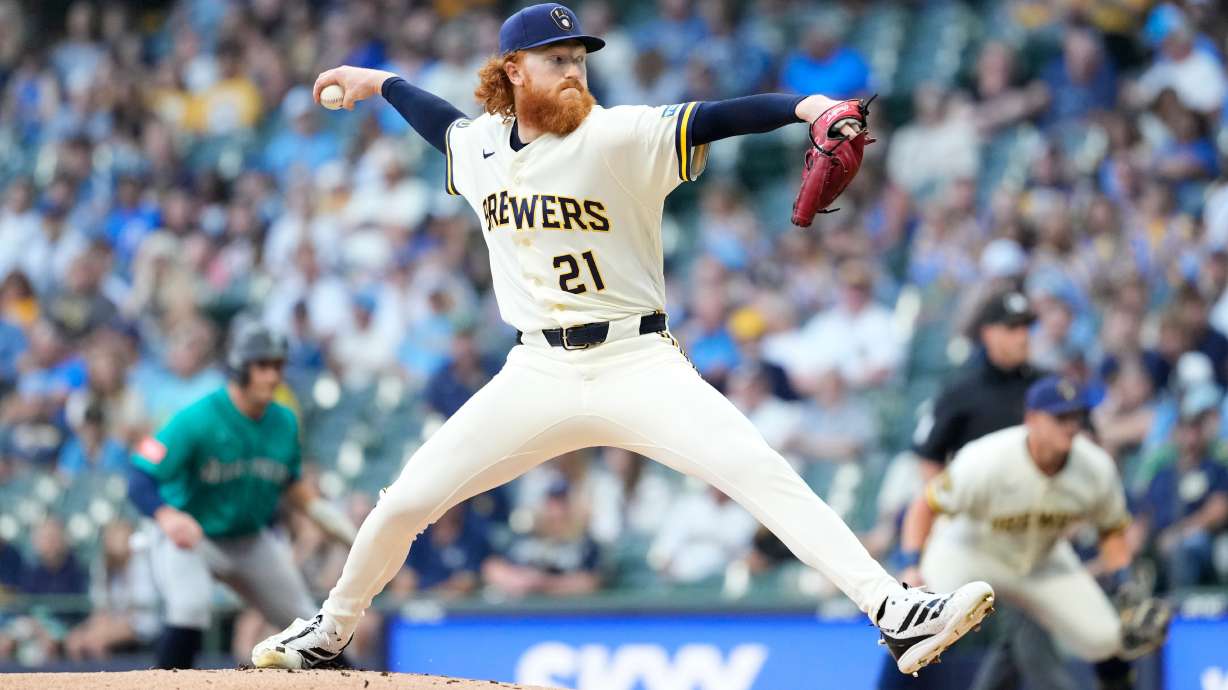 Milwaukee Brewers' Dustin May pitches during the first inning of a baseball game against the Seattle Mariners, Wednesday, Aug. 19, 2026, in Milwaukee.